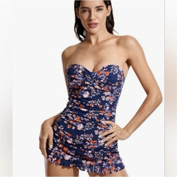 Dobreva Other - Dobreva Swimdress Womens Small Navy Floral Bandeau Skirted One Piece Swimwear
